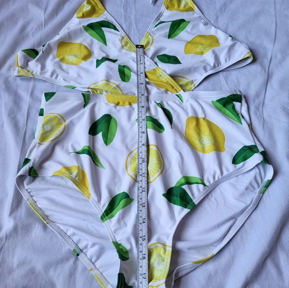 Zeraca One Piece Lemon Print Swimsuit With Halter Tie & Tie Back Size Large